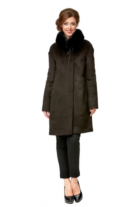 Женское пальто из текстиля с воротником, отделка песец 8002065
