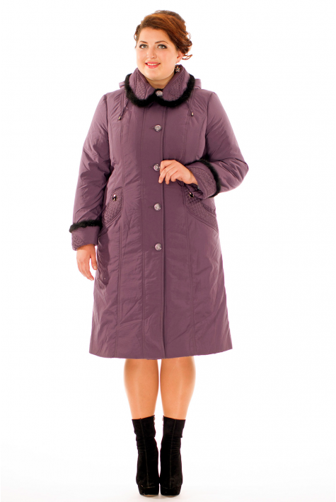 Женское пальто из текстиля с капюшоном, отделка норка 8009993