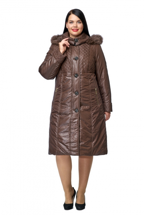 Женское пальто из текстиля с капюшоном, отделка песец 8010097