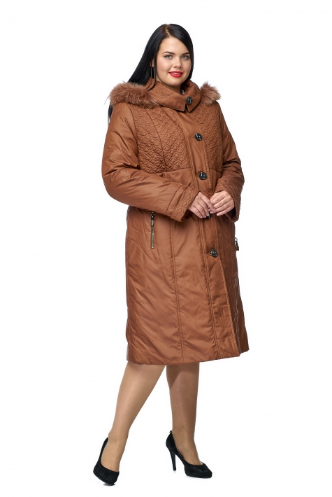 Женское пальто из текстиля с капюшоном, отделка песец 8010098