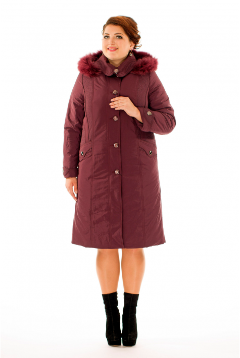 Женское пальто из текстиля с капюшоном, отделка песец 8010115