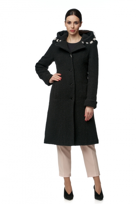 Женское пальто из текстиля с капюшоном, отделка норка 8016118