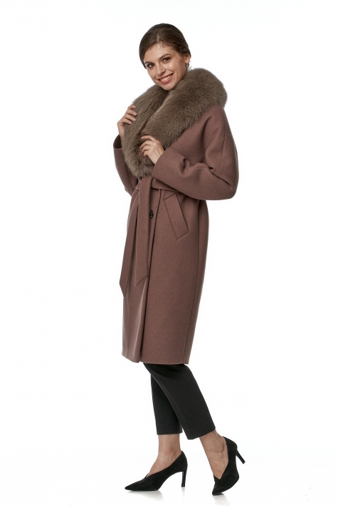 Женское пальто из текстиля с воротником, отделка песец 8017719