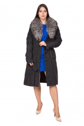 Женское пальто из текстиля с воротником, отделка лиса