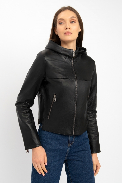 Женская кожаная куртка из натуральной кожи с капюшоном 8022279