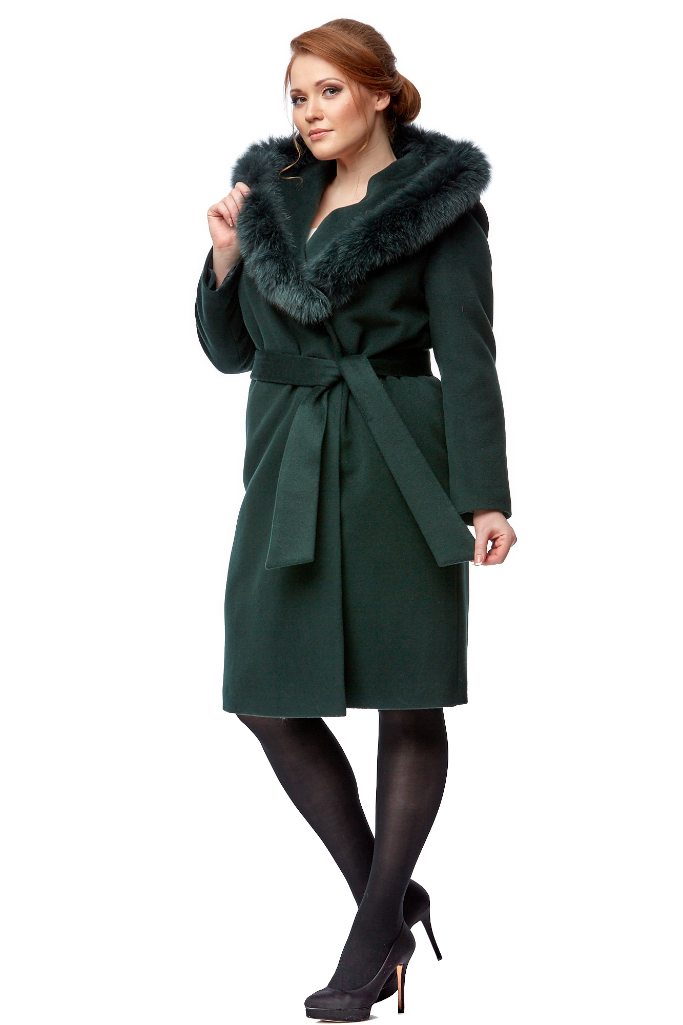 Женское пальто из текстиля с капюшоном, отделка песец 8001785-2