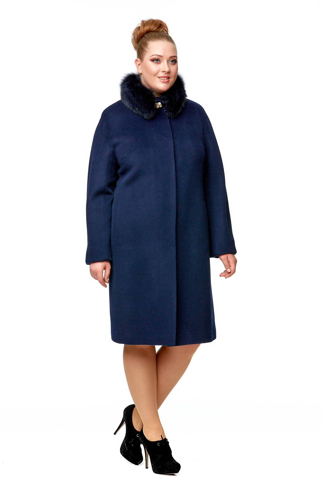 Женское пальто из текстиля с воротником, отделка песец 8002012-2
