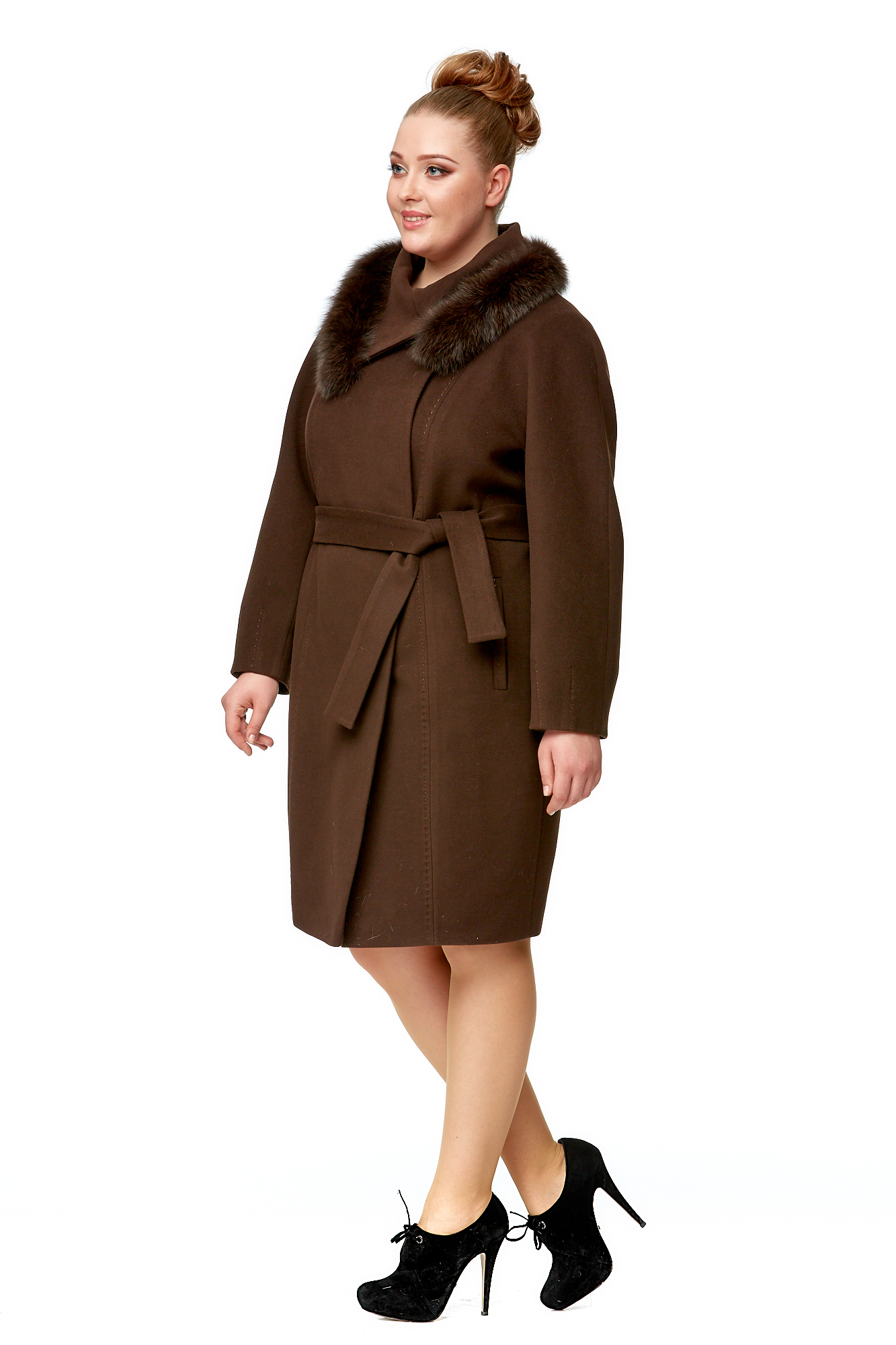 Женское пальто из текстиля с воротником, отделка песец 8002013-2