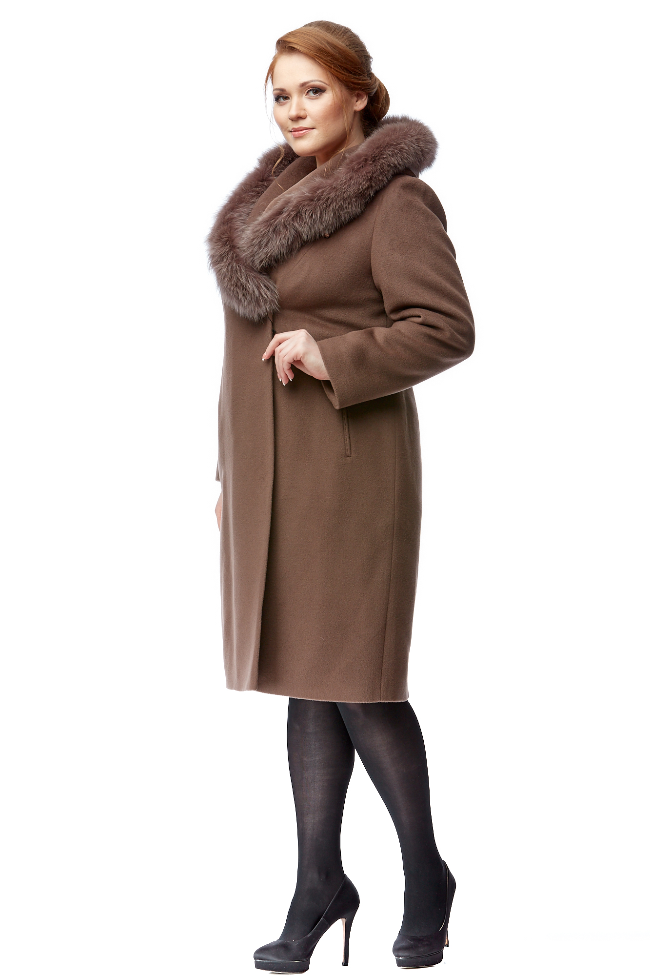 Женское пальто из текстиля с капюшоном, отделка песец 8002318-2