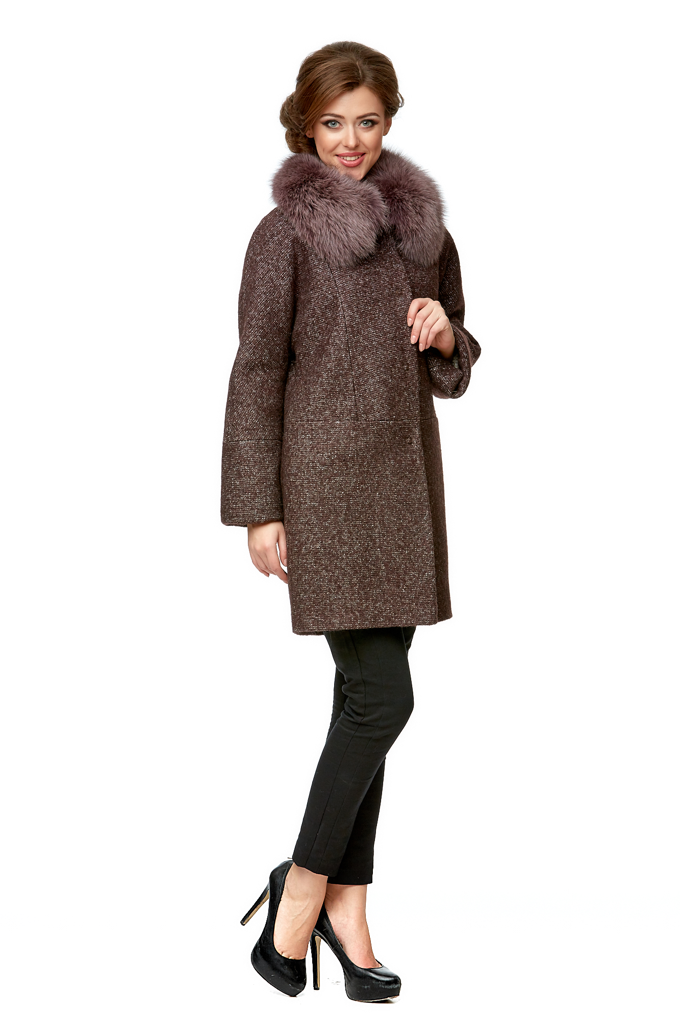 Женское пальто из текстиля с воротником, отделка песец 8003162-2
