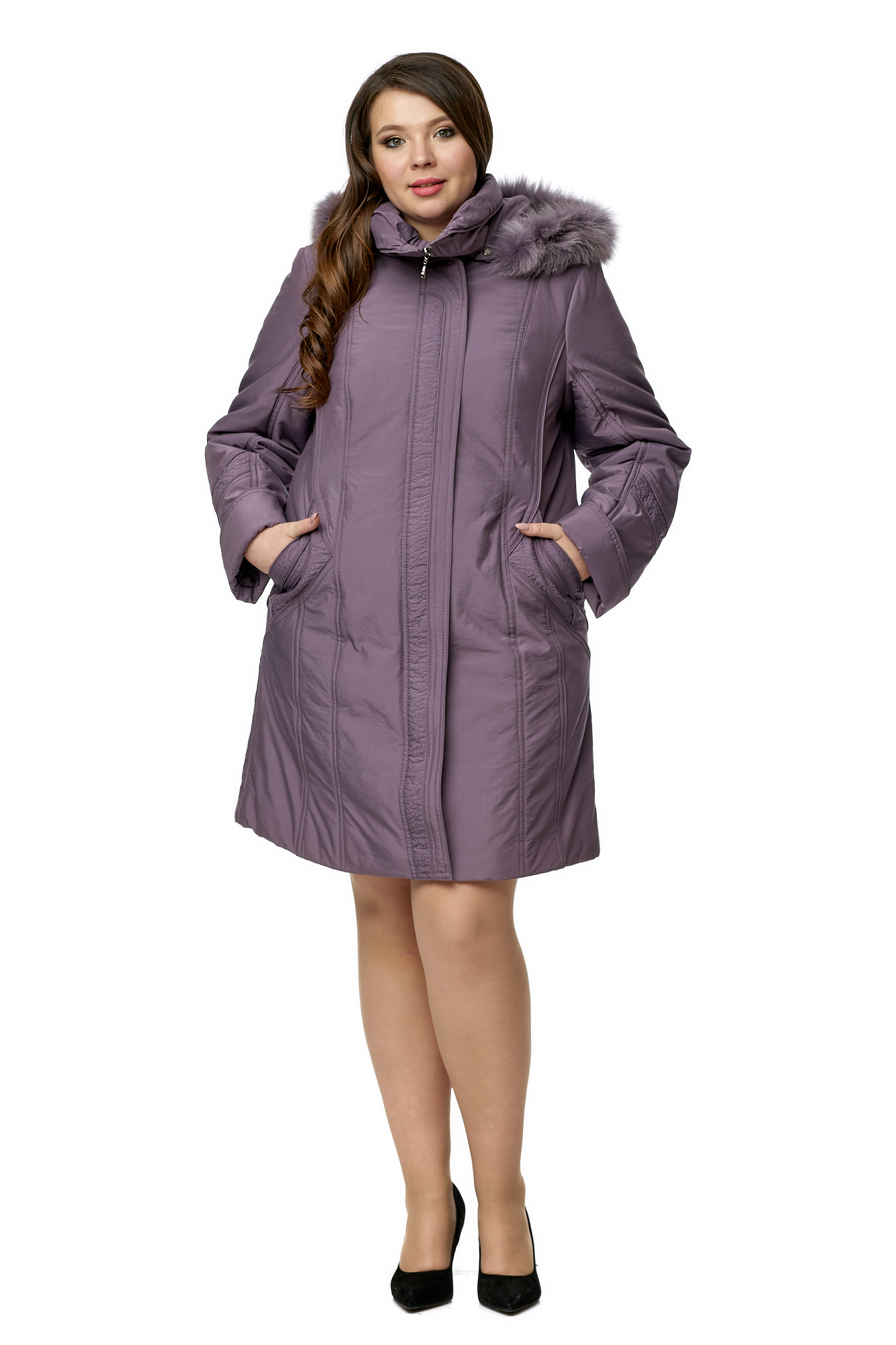 Куртка женская из текстиля с капюшоном, отделка песец 8010008-2